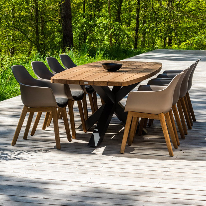 Outdoor dining table TIMOR (rounded) made of teak wood and anthracite aluminum