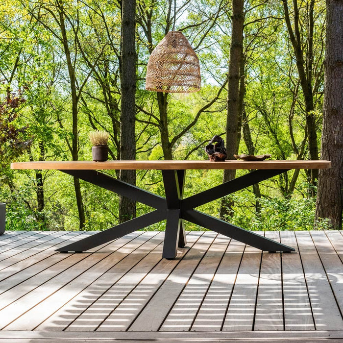 Outdoor dining table TIMOR (rounded) made of teak wood and anthracite aluminum