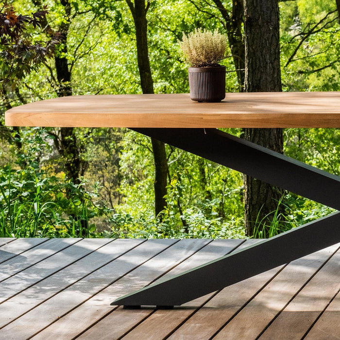 Outdoor dining table TIMOR (rounded) made of teak wood and anthracite aluminum