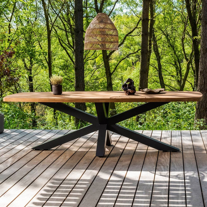 Outdoor dining table TIMOR (rounded) made of teak wood and anthracite aluminum