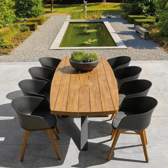 Outdoor dining table TIMOR (rounded) made of teak wood and anthracite aluminum