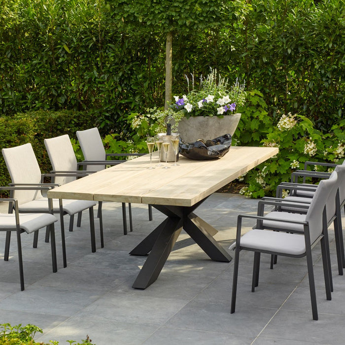 Outdoor dining table TIMOR (straight) made of gray teak wood and anthracite aluminum