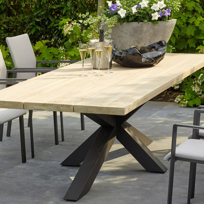 Outdoor dining table TIMOR (straight) made of gray teak wood and anthracite aluminum