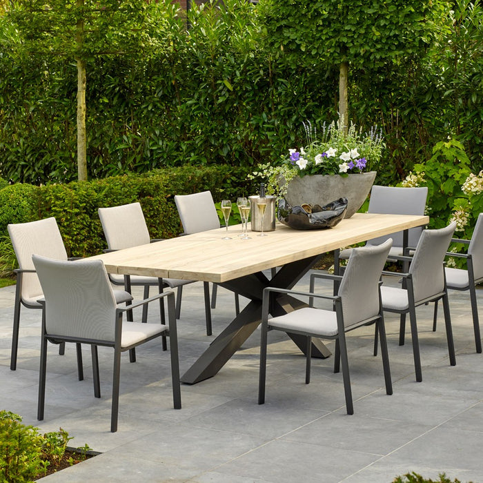 Outdoor dining table TIMOR (straight) made of gray teak wood and anthracite aluminum